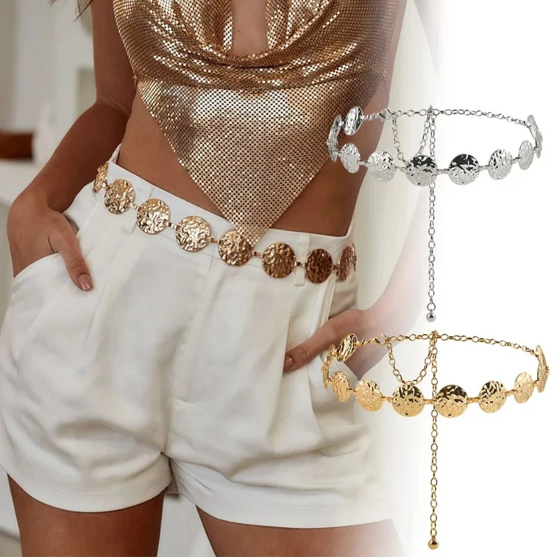 Femmes mode pendentif rond chaîne or décoré ceinture en acier inoxydable plaqué or bracelet Hip Hop accessoires chaîne ceinture