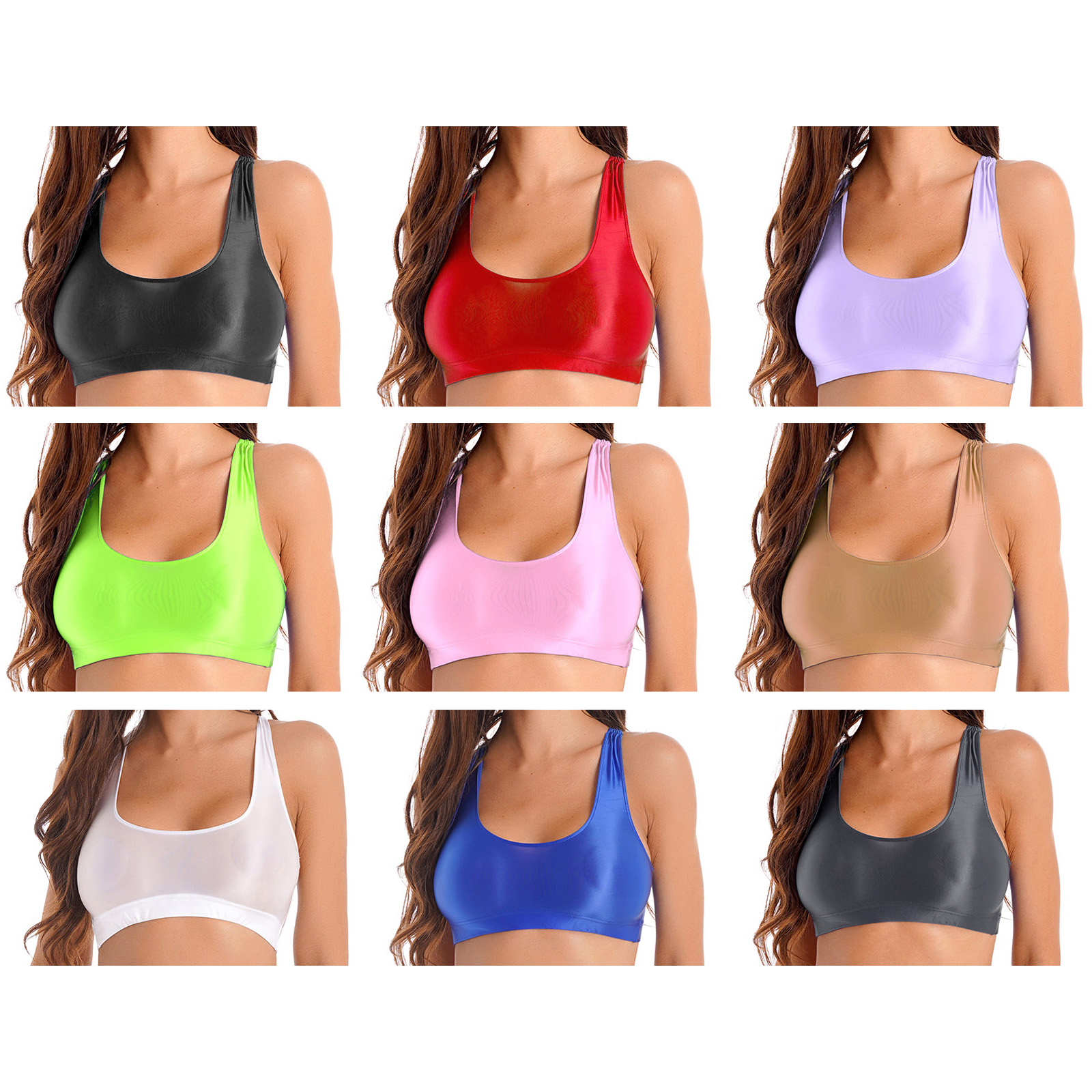Hauts courts de sport pour femmes, débardeur brillant à col en U, couleur unie, pour vêtements de sport, entraînement, course à pied, Fitness, Yoga