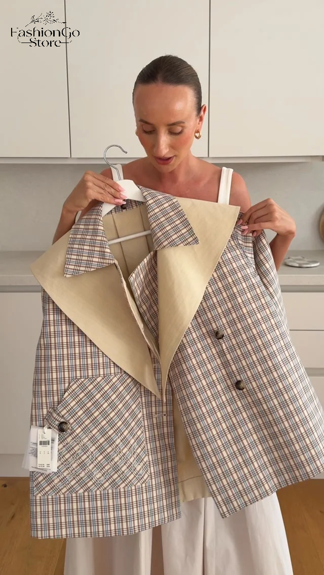 Veste courte pour femme à carreaux et patchwork, double boutonnage, manches longues, col marin contrastant, poches, coupe ample, décontractée, 2026
