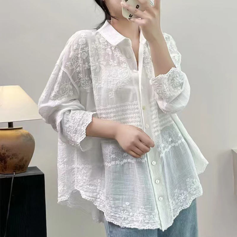 Chemisier de plage en coton blanc pour femmes, manches longues, style boho décontracté, broderie en dentelle, top vintage, printemps été