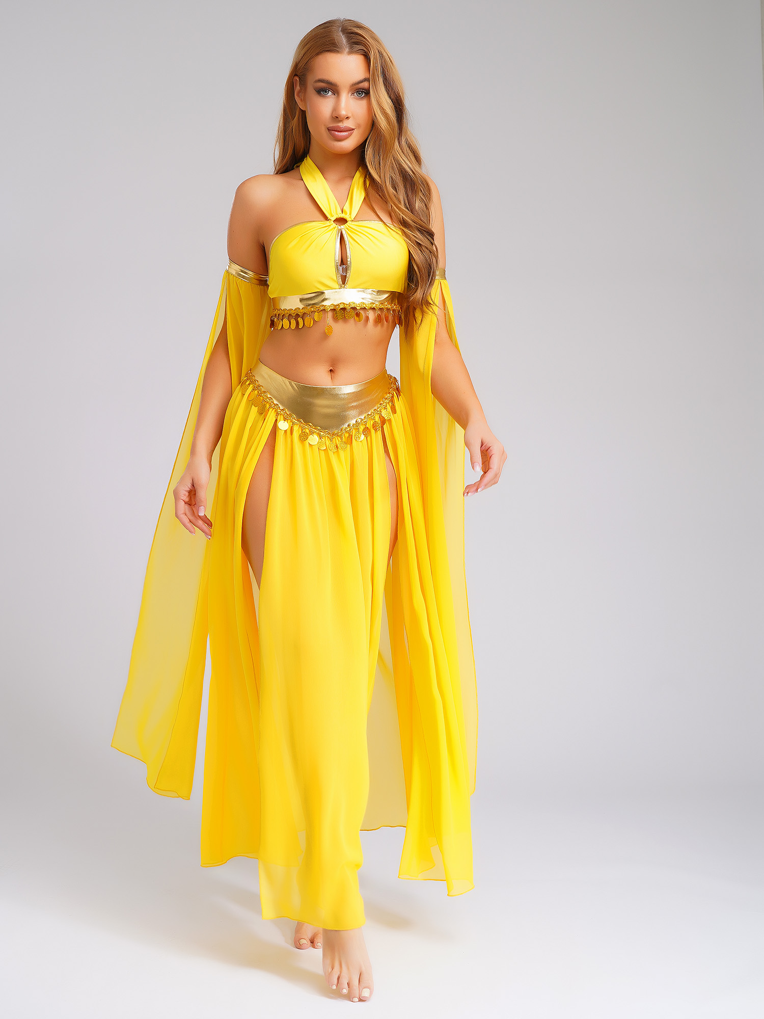 Cospaly – vêtements de danse orientale arabe pour femmes, Costume de spectacle ethnique du ventre, col licou, Costumes de Festival à paillettes, jupe en mousseline de soie