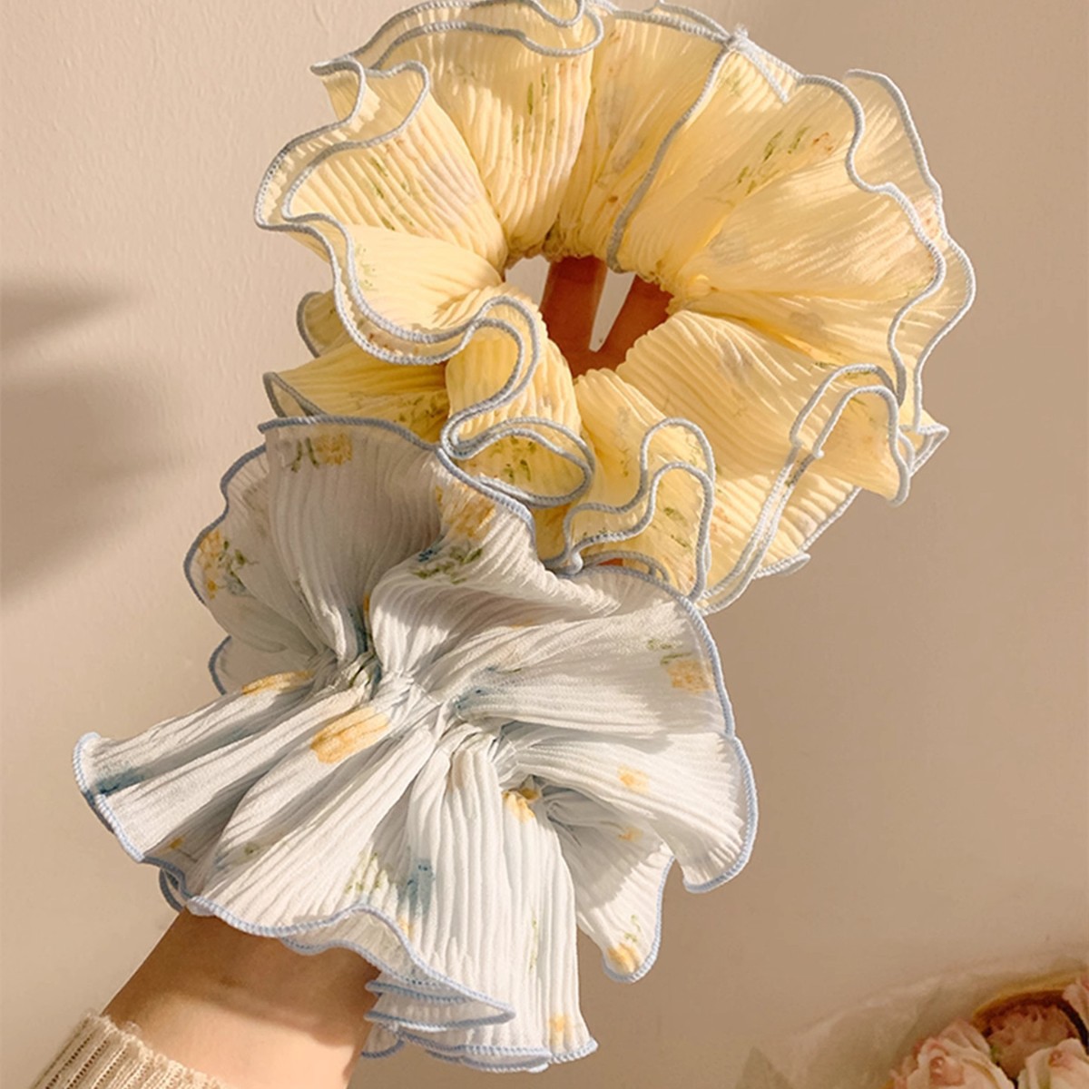Grands chouchous élégants bleus à motifs floraux pour femmes, élastiques, accessoires de mode pour cheveux, coiffes stylées