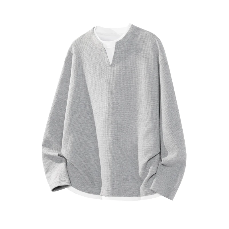 T-shirt décontracté pour homme en maille gaufrée, à effet superposé, manches longues, col en V à encoche, coupe ample, effet deux pièces, pour usage quotidien.