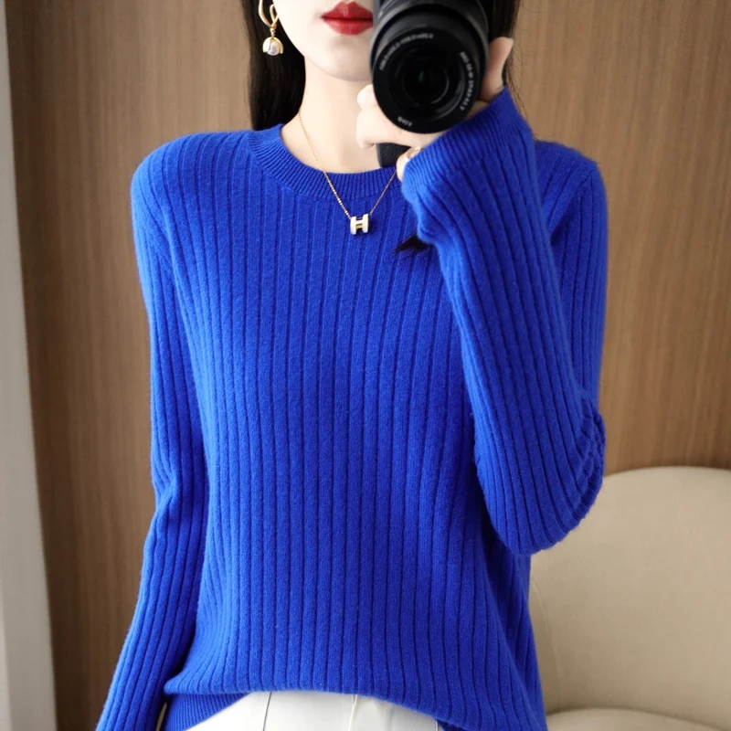 Pulls pour femmes 2026 – Nouveauté automne-hiver, manches longues, col rond, rayé, chaud, style coréen, chemises de base amples