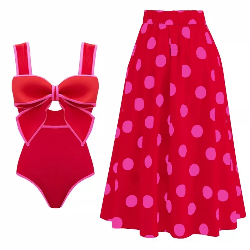 Maillot de bain une pièce noir et blanc pour femme, ensemble bikini, col rabattu, coupe slim, dos ouvert, nœud, design, jupe à pois