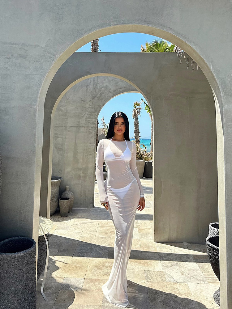Robe longue en maille transparente pour femmes, couleur unie, col bateau, manches longues, moulante, transparente, Sexy, Cover-up pour Club de plage