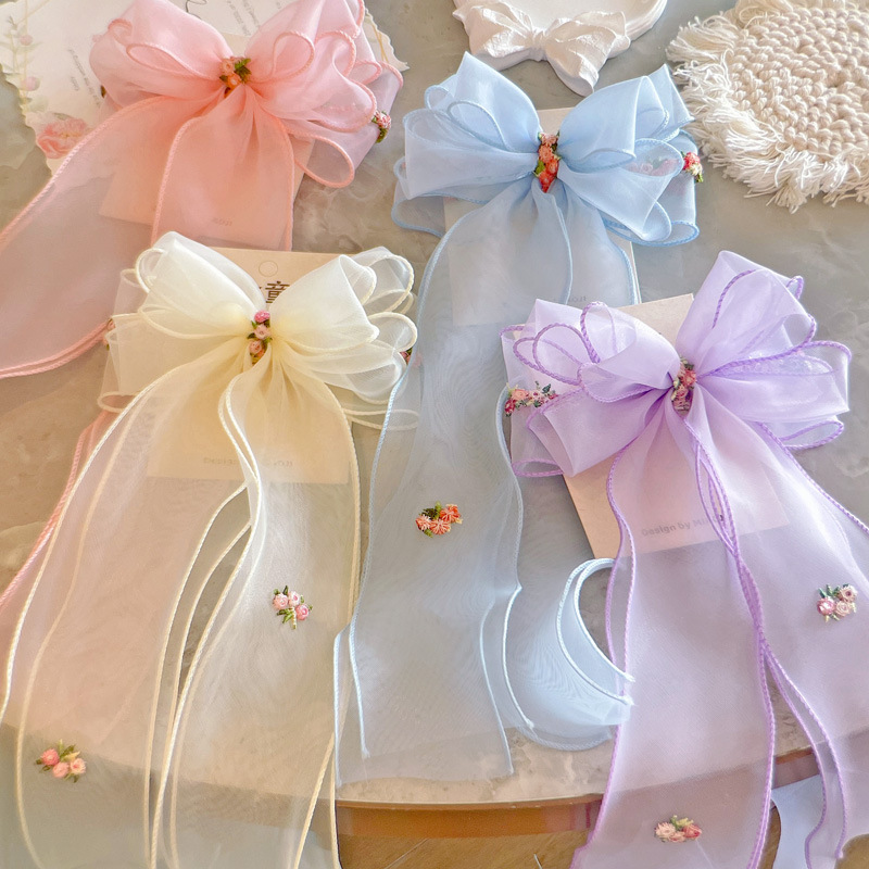 Épingle à cheveux tressée florale brodée pour femmes, nœud papillon en mousseline de soie, queue de cheval, Clip BB, couleur unie, accessoires pour cheveux de fille