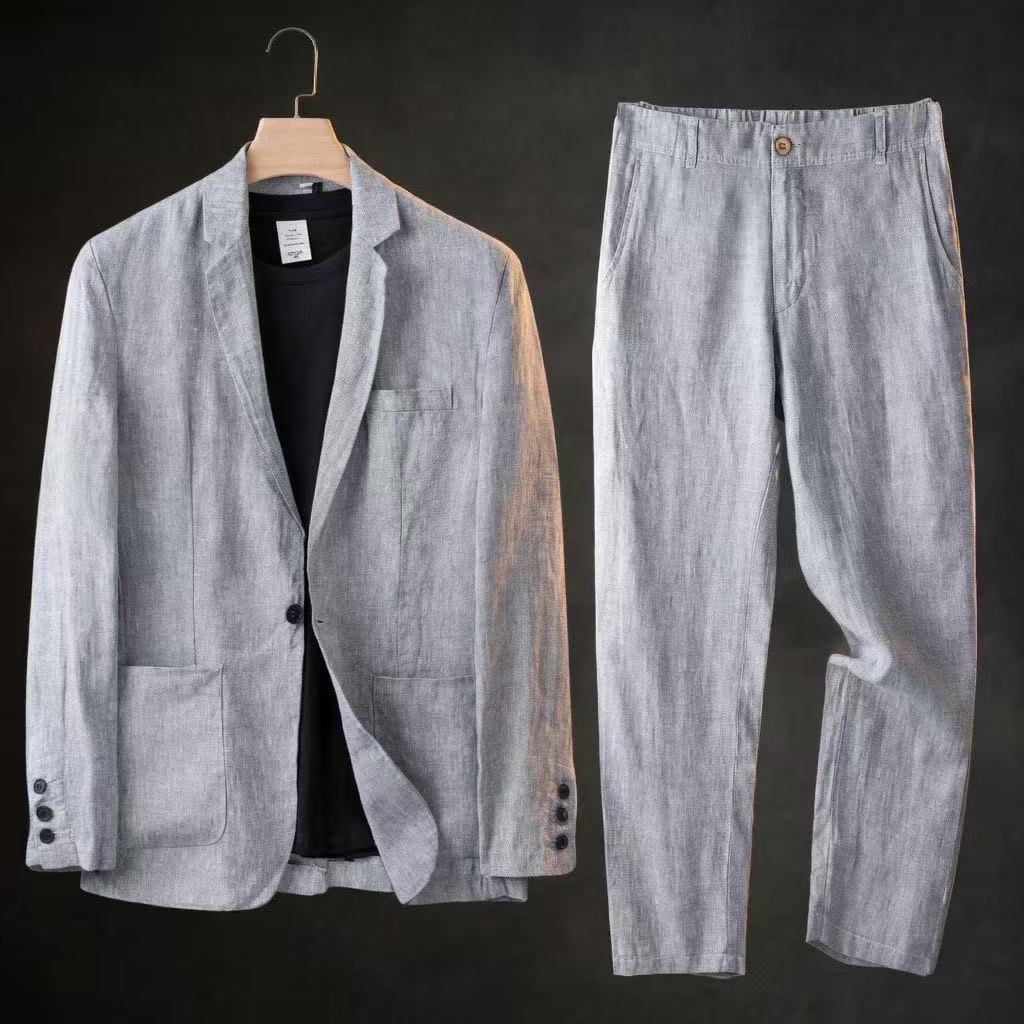 Costume homme printemps-été, ensemble deux pièces en coton et lin, blazer + pantalon, vêtements décontractés pour affaires, vêtements fins et respirants