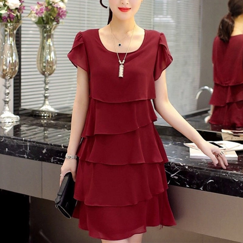 Robe d'été 2026 pour femme, coupe ondulée, volants, unie, manches courtes, ajustée, décontractée, polyvalente, col rond, en mousseline