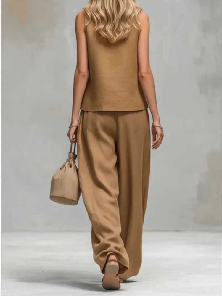 Ensemble deux pièces d'été pour femme : Gilet sans manches à col montant et pantalon large en coton et lin