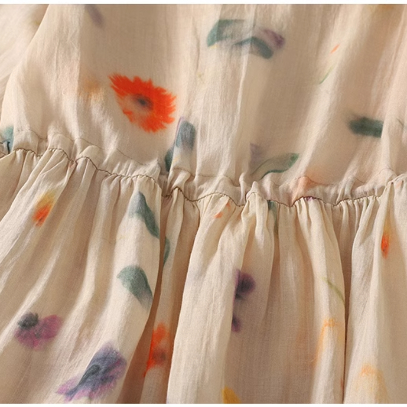 Robe en lin pour femmes, Style frais, imprimé floral, taille élastique, demi-manches, col en v, plage, vacances, ligne a, frocs Vintage