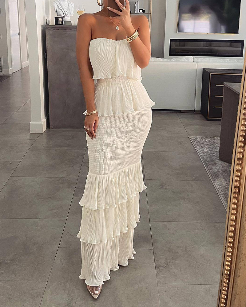 Robes Boho Sexy Slim Fit plissées à volants pour femmes, monochromatique, cravate de soutien-gorge, dame, tempérament