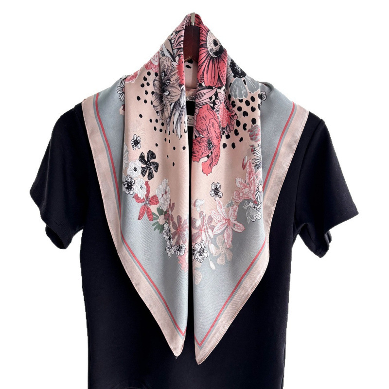 Écharpe carrée à imprimé floral pour femmes, imitation soie, bandanas, hijab de luxe, foulard élégant, châle de plage
