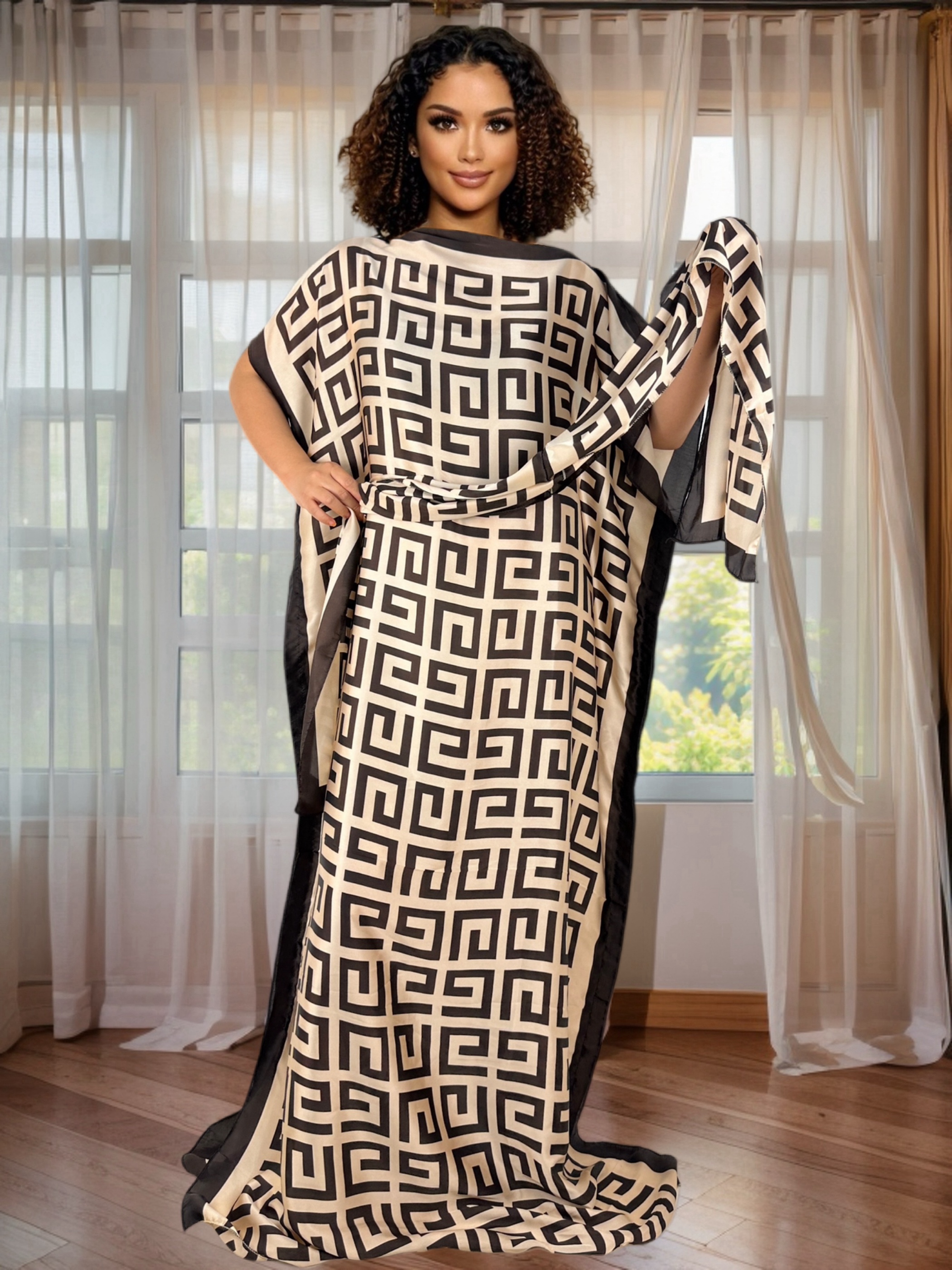 Robe longue caftan élégante à manches chauve-souris, grande taille, imprimé floral, avec foulard