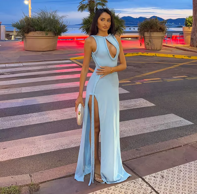 Robe longue élégante pour femme avec fente haute, bordure tressée, sans manches, dos nu, décolleté en clé, couleur unie, robe d'été sexy et tendance