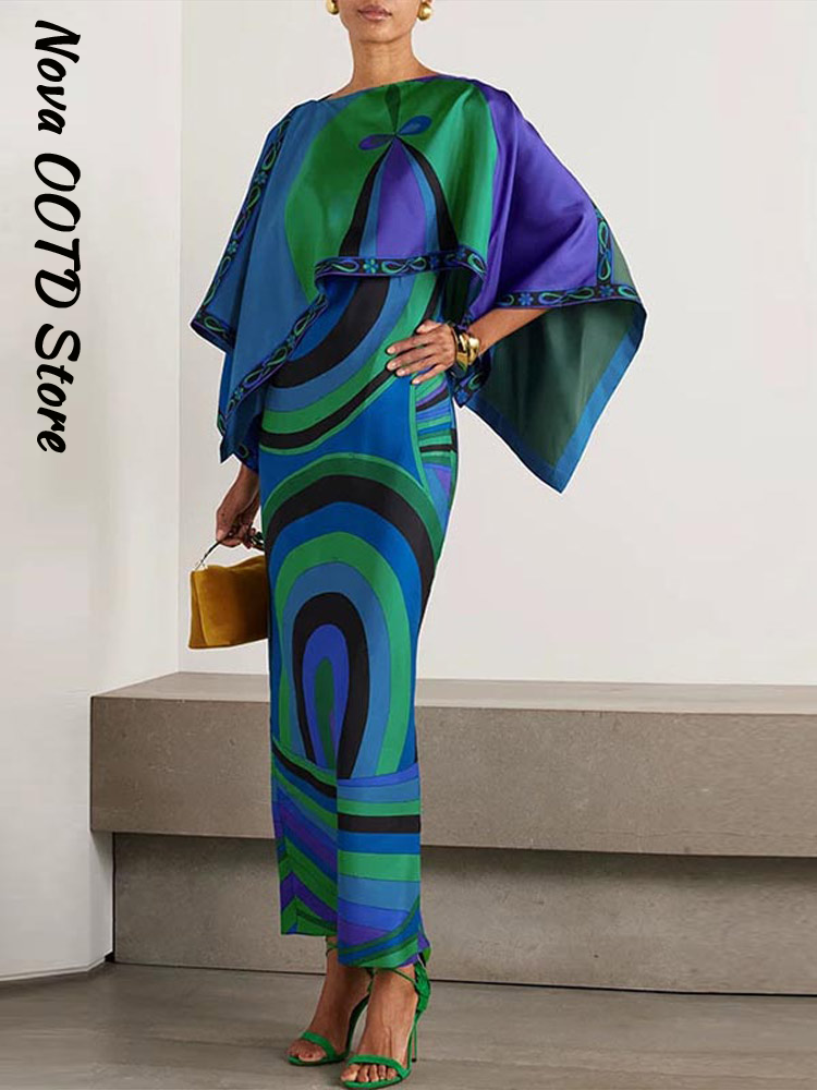 Robe élégante imprimée style châle pour femme, col en V, sans manches, coupe ajustée, bleue, tenue d'été 2026, nouvelle collection, pour la plage ou les soirées