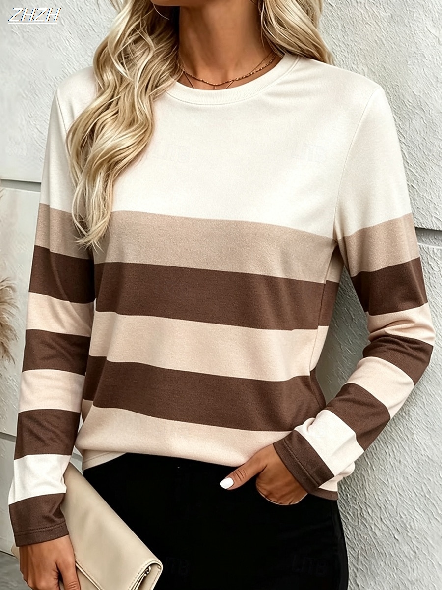 T-shirt pour femme à imprimé graphique rayé, mode classique décontractée, manches longues, col rond, coupe régulière, pour le quotidien, le week-end, le printemps et l'automne