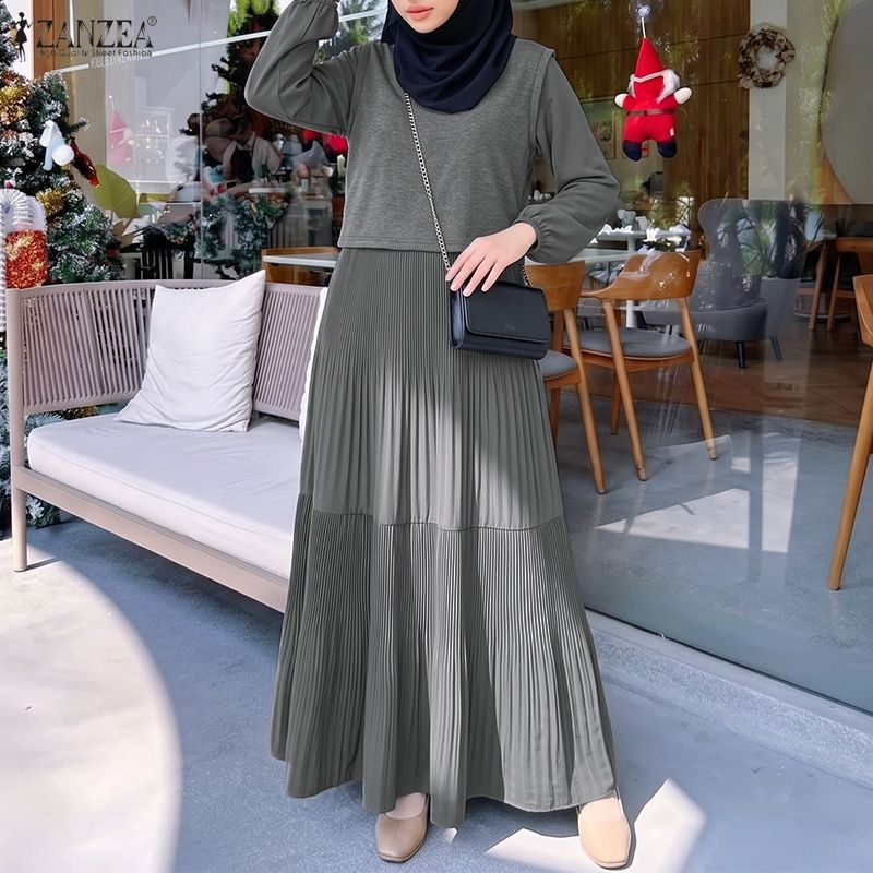 Robe longue ZANZEA pour femmes musulmanes, mode modeste, hijab, col rond, manches lanternes, plissée, abaya, robes islamiques élégantes, Ramadan, Eid, kaftan