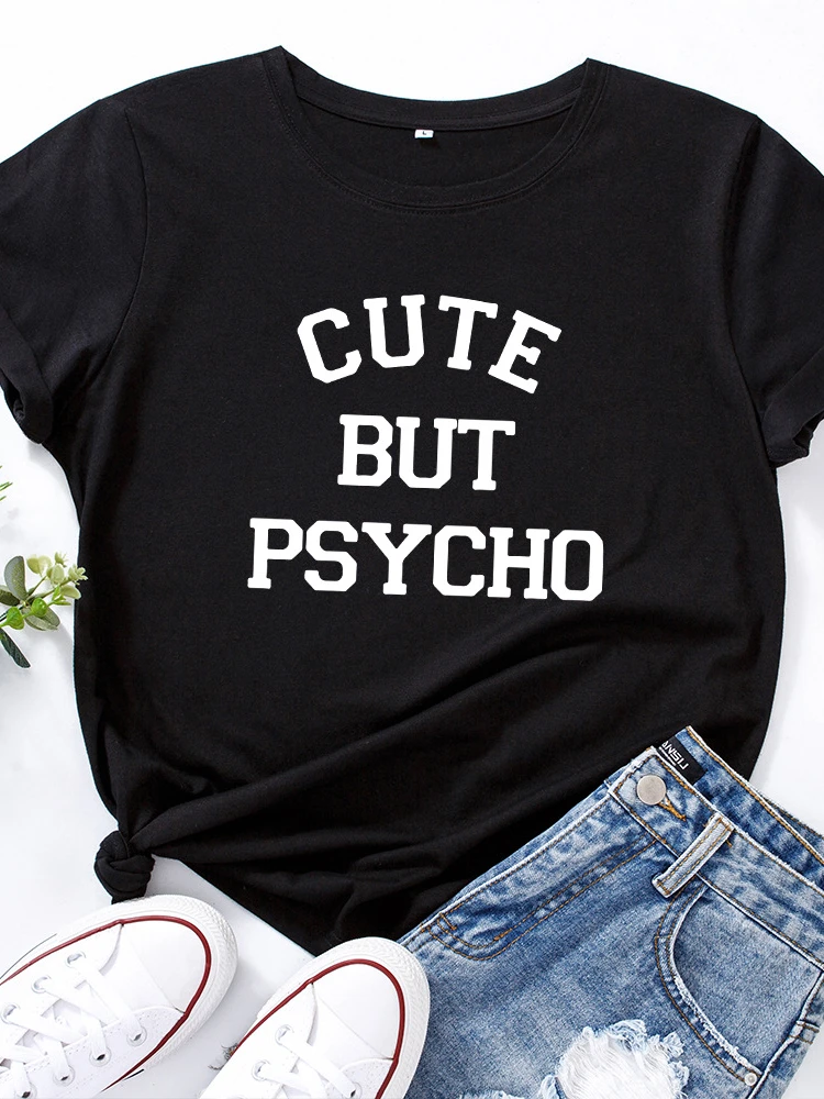 Mignon mais Psycho lettre imprimer femmes t-shirt à manches courtes col rond lâche femmes t-shirt dames t-shirt hauts vêtements Camisetas Mujer