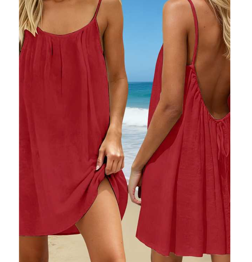Robe sexy dos nu pour femmes, couleur unie, coupe ample, sans manches, robe courte réglable avec bretelles, robe d'été pour vacances à la plage