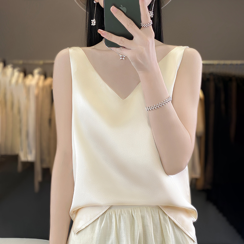 Débardeur en Satin de soie pour femmes, basique, col en v, multicolore, blanc, noir, haut sans manches, bas Sexy, nouvelle collection été 2024