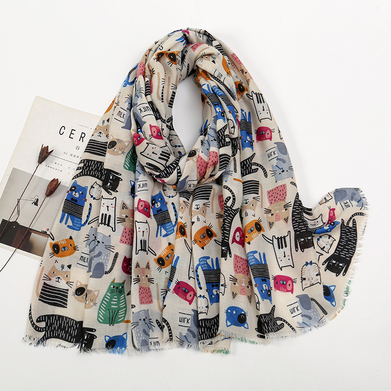 Écharpe imprimée d'animaux, motif de chat de dessin animé, Hijab en Viscose douce, châle Long pour femmes, enveloppe colorée, Tippet