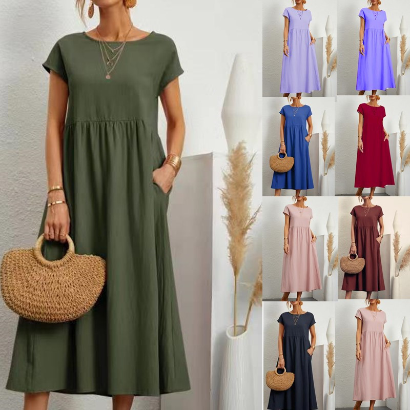 Robe longue Vintage en coton et lin pour femmes, couleur unie, élégante, col rond, manches courtes, décontractée, ample, été, 2023