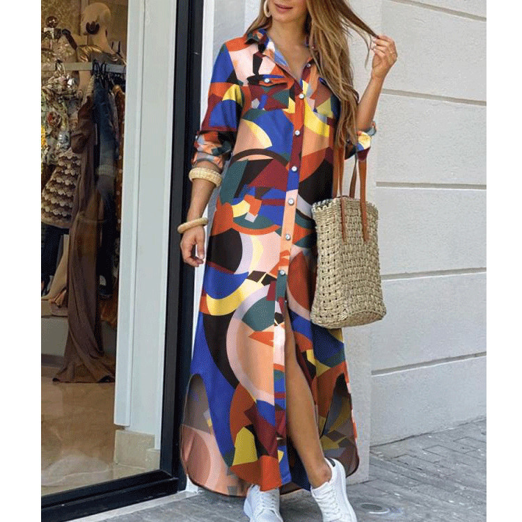 Robe chemise à manches longues pour femmes, robes imprimées Boho décontractées, mode d'été, simple boutonnage, bouton, fête, robe Maxi féminine, robe éducative