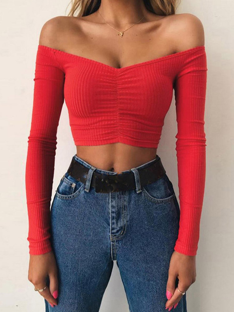 T-shirts pour femmes, sexy et tendance pour les soirées, T-shirt à manches longues, épaules dénudées, couleur unie, T-shirt basique pour femme, automne.