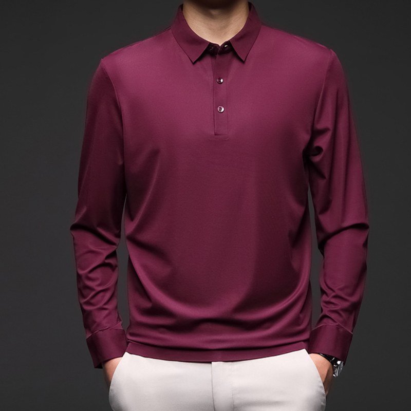 Minglu – Polo à manches longues en soie pour homme, haut de luxe, couleur unie, style décontracté, idéal pour le Golf, le printemps et l'automne