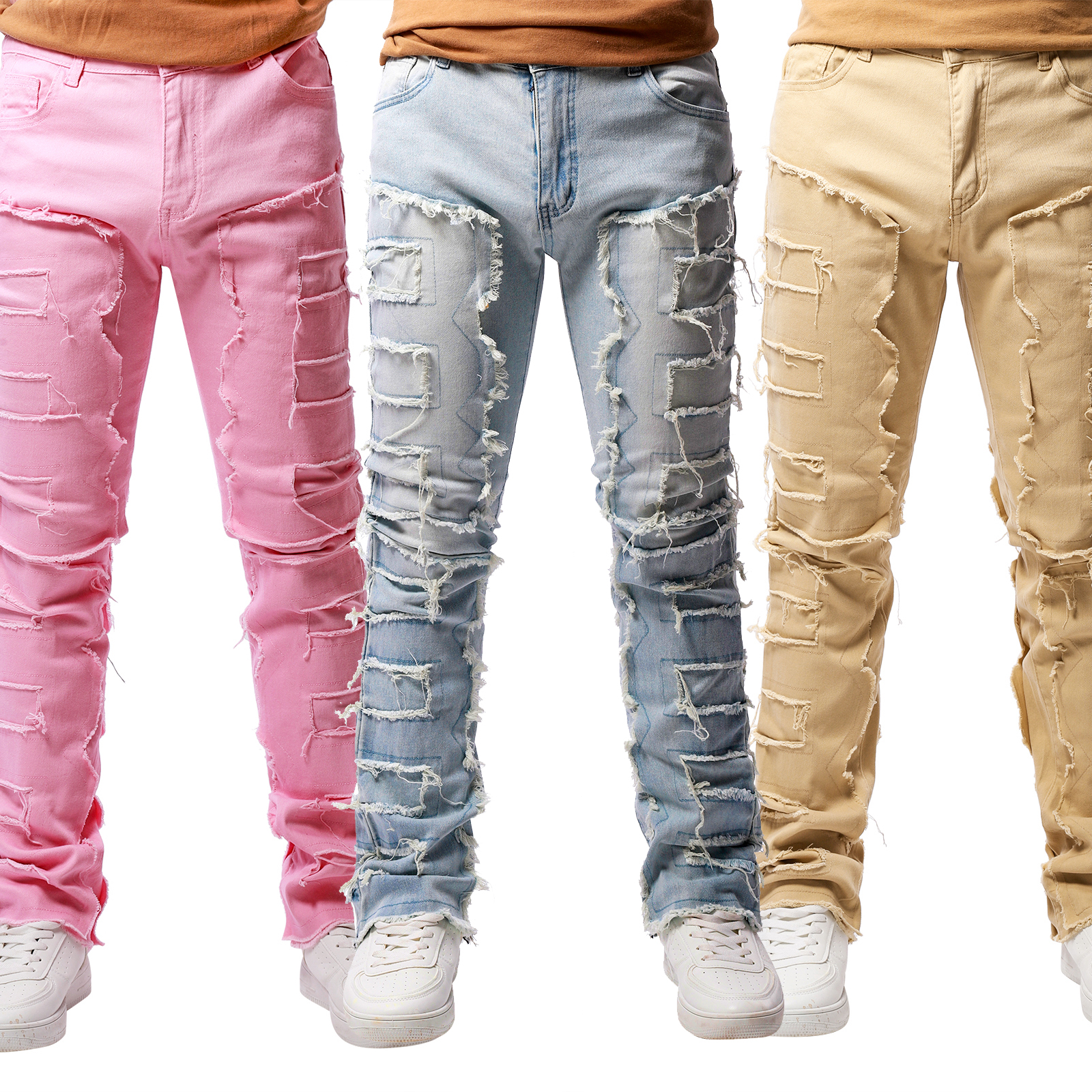 Nouvelle mode jean extensible homme jean empilé taille élastique coupe droite patchwork Denim pantalons longs frange déchiré jean pour hommes