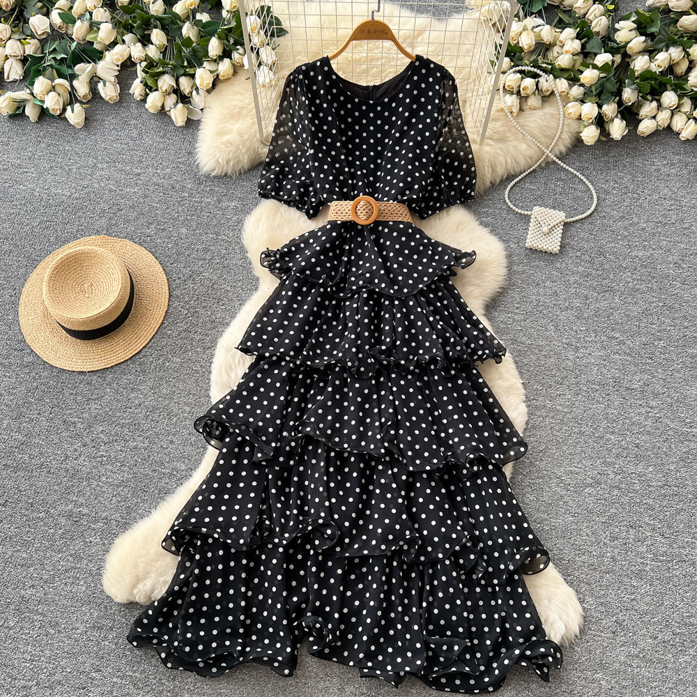 Robe longue pour femme, coupe trapèze, style Y2K streetwear, col rond, manches courtes, imprimé à pois, élégante pour soirée, fête, travail, 2026