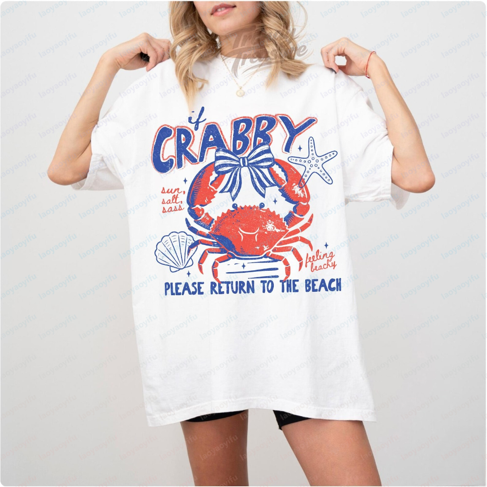 T-shirt Crab Beach, humoristique, pour les vacances en bord de mer, vêtements d'été sur le thème de la vie marine, vêtements pour femmes, t-shirts graphiques, t-shirts oversize, hauts