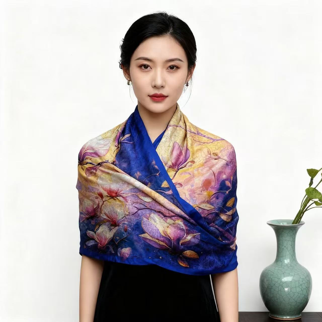 Écharpe en soie à imprimé floral haut de gamme pour femme, longue écharpe double face, style coréen, soie Xiangyun, style chinois, écharpe à fleurs découpées