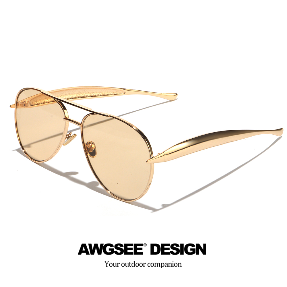 Lunettes d'aviateur surdimensionnées pour femmes – Monture dorée vintage avec verres champagne, bras émerillons dorés sexy, style rétro chic