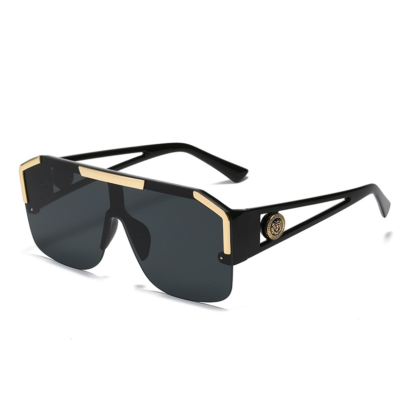 Une pièce lunettes de soleil femmes marque plat haut grandes lunettes tête de Lion évider grandes nuances de soleil Uv400 demi-monture lunettes