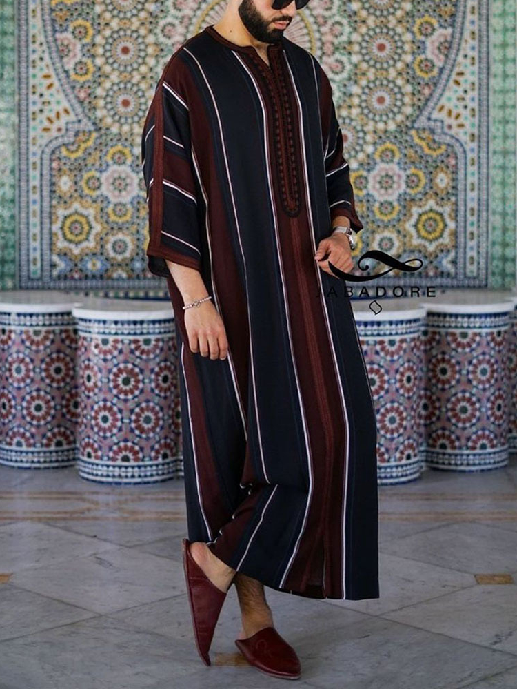 Hommes musulmans Robe longue saoudien islamique rayure impression Abaya Caftan dubaï arabe Eid Maroc Thobe Jubba Jalabiya été Ramadan 2024