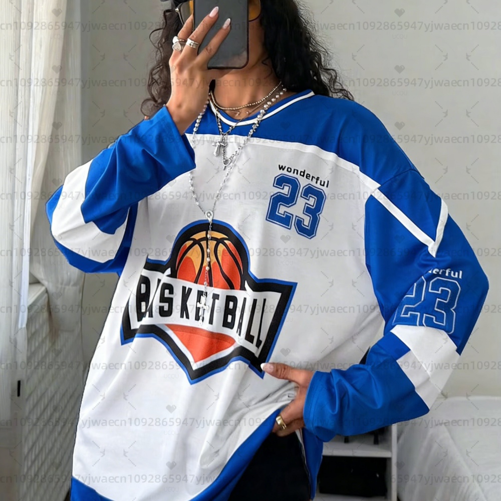 Superbe T-shirt de sport ample à col en V pour femme, respirant, à manches longues, style oversize, idéal pour le basketball
