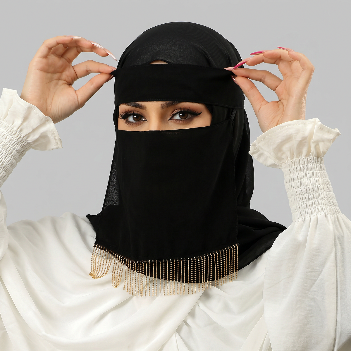 Nouveau Voile Instantané en Chiffon à Bretelles pour Femme Musulmane, Respirant, avec Pompons, Protection Solaire d'Été, Couvre-chef pour l'Aïd, Noir