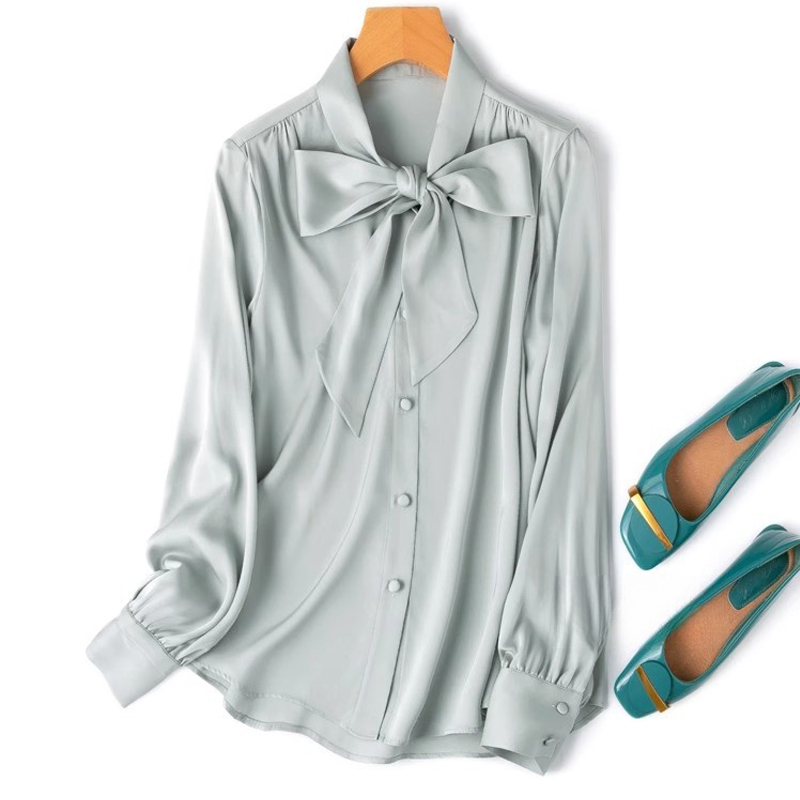Chemisier en soie véritable pour femmes, haute qualité, hauts 93% soie de mûrier, col à nœud à lacets, Style OL, manches longues, chemises décontractées de luxe
