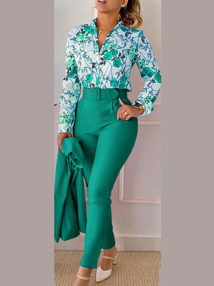 Costume chemise imprimé à manches longues pour femmes, Slim, taille haute, à lacets, élégant, pantalon crayon de bureau, ensemble deux pièces, printemps été