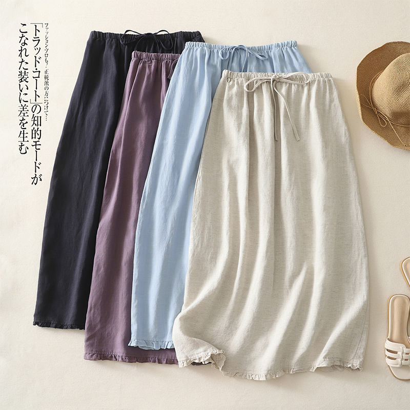 Jupe mi-longue en coton pour femme, nouvelle version coréenne, élégante et tendance, avec bordure à volants et cordon de serrage à la taille