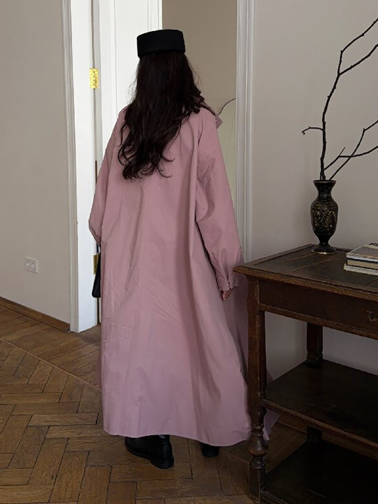 Veste longue ample pour femme, couleur rose poudré, col montant, fermeture à boutons-pression, épaules tombantes, style trench-coat, coupe-vent léger et ample