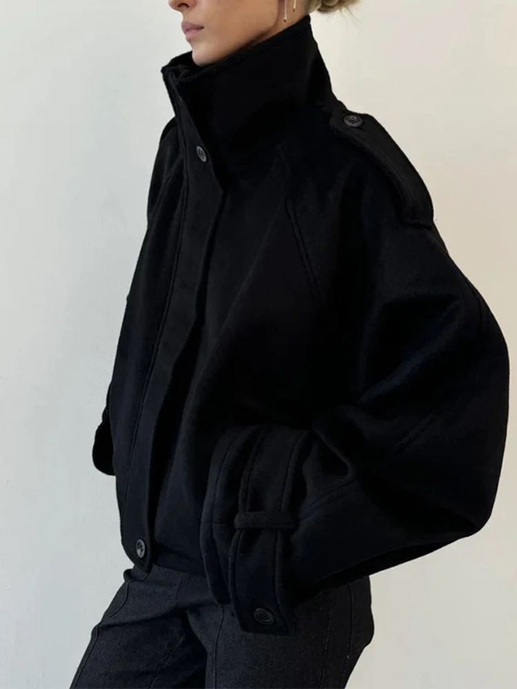 Mode court manteau en laine femmes col montant simple poitrine manches longues veste ample femme 2025 automne solide bureau dame vêtements d'extérieur
