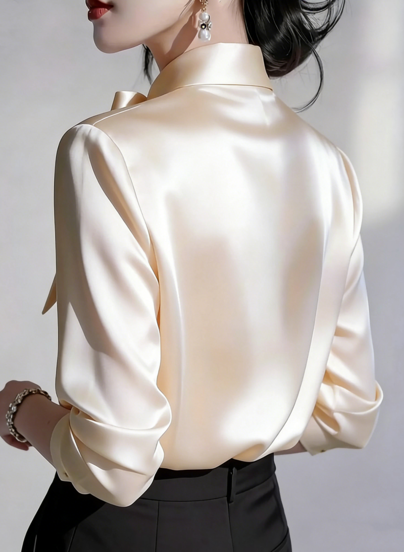 Chemise élégante en satin à nœud papillon pour femmes, manches longues, chemise de bureau formelle