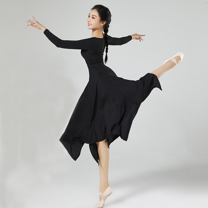 Robe longue de danse moderne pour femmes, vêtements d'entraînement en soie glacée solide, grand col en U, ourlet fendu irrégulier, Costume de culte de danseuse folklorique