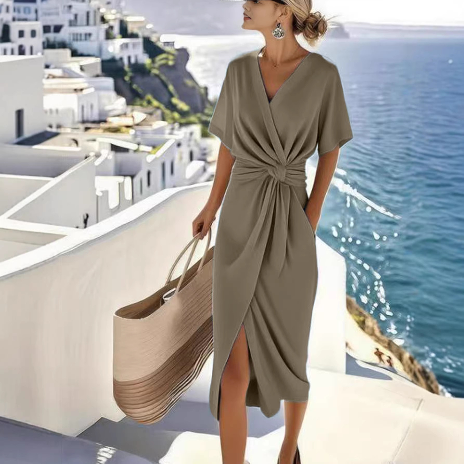 Robes pour femmes 2026 nouvelle mode couleur unie enroulée à lacets col en V fendue nouée mi-mollet vêtements pour femmes vestidos