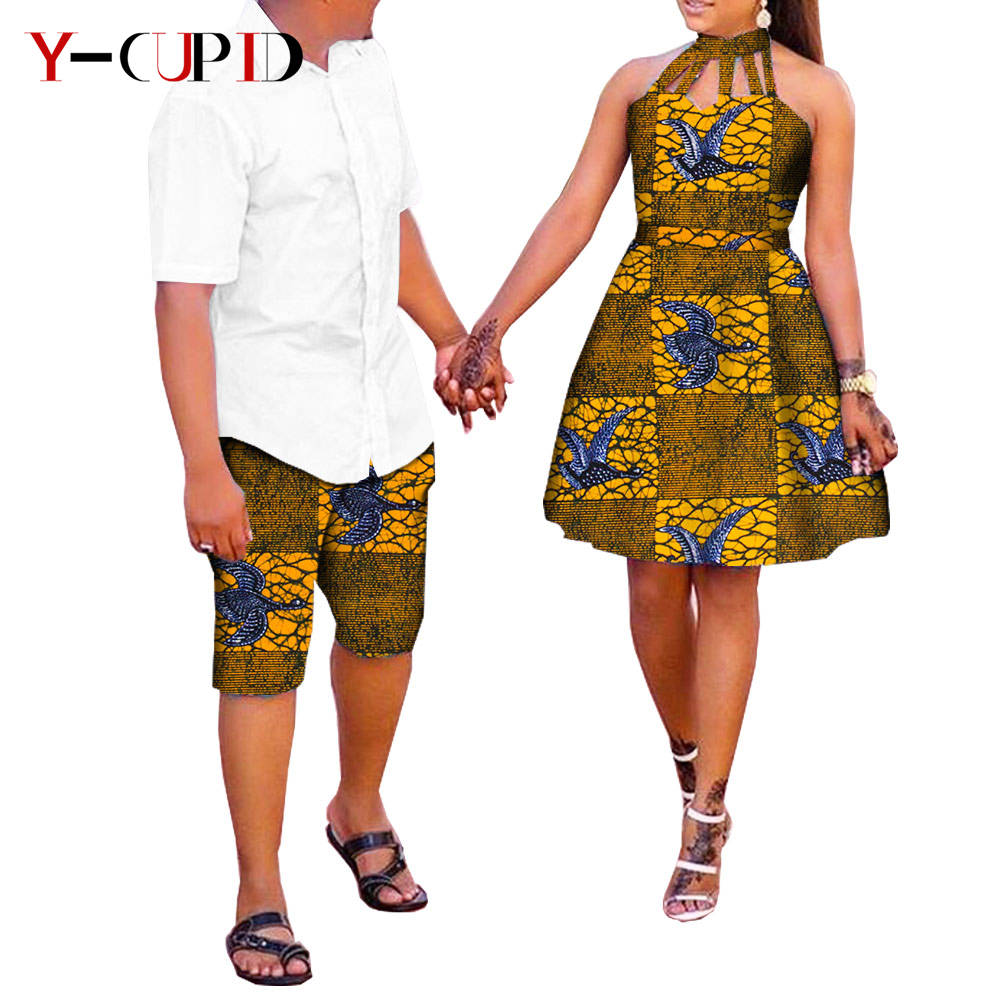 Vêtements africains pour couples, robes creuses sexy à imprimé Ankara, pantalons courts assortis pour hommes, vêtements d'amour Bazin Riche, YA72C02