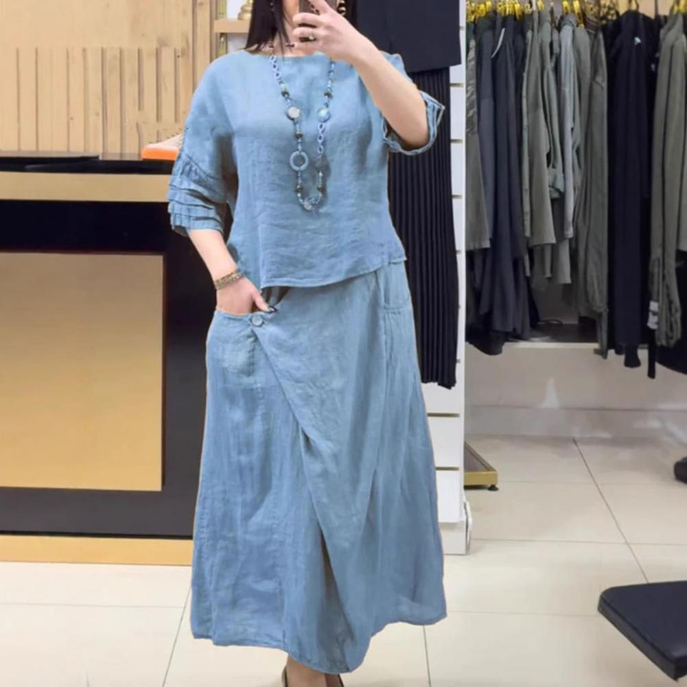 Tenue d'été pour femmes, col rond, manches courtes, haut ample, jupe Midi, ensemble décontracté 2 pièces, ensemble de salon, pull et jupes trapèze
