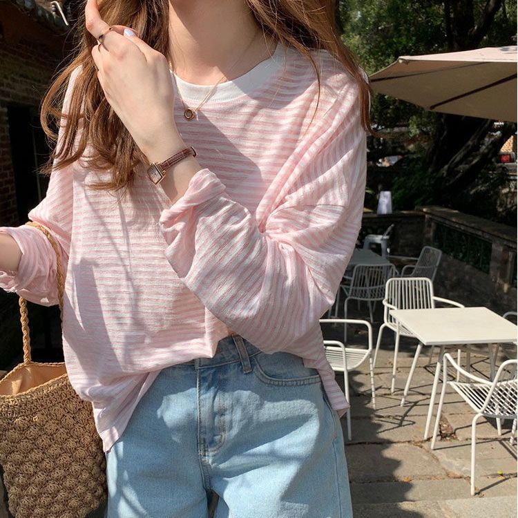 Vêtements pour femmes t-shirt décontracté été 2025 à manches longues mode Style coréen ample rayé crème solaire t-shirt décontracté